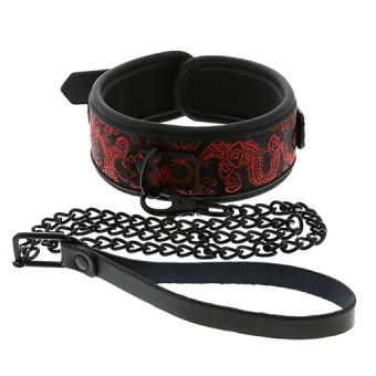 Laisse et Collier Japonais  Motifs Brods Noir et Rouge